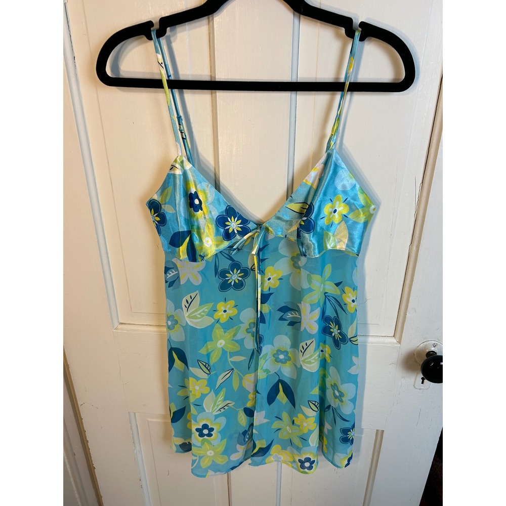 Vintage Victoria's Secret Blue Floral Satin Chiffon Chemise Nightgown 1999  M